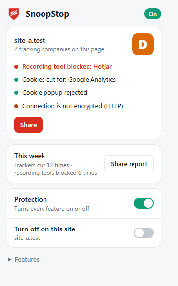 SnoopStop popup showing a D grade, a blocked recording tool and a rejected cookie popup